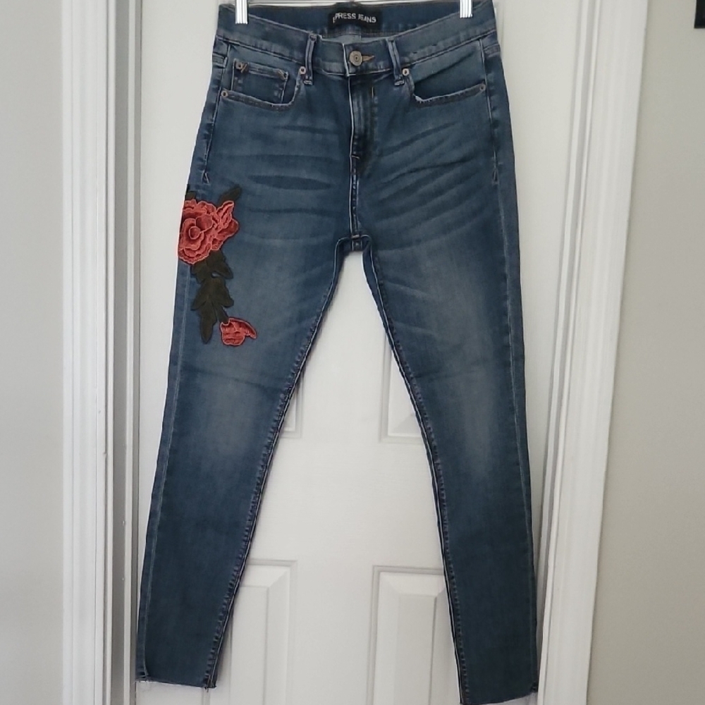Express Skinny Jeans Vibrant Blue and Red